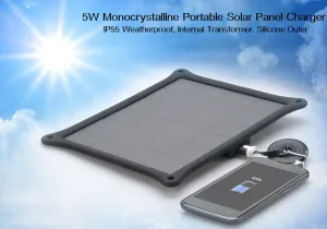 5W Portable Monocrystalline Solar Panel Charger - IP55 Weatherproof, Silicone Outer, Internal Transformer (Black)