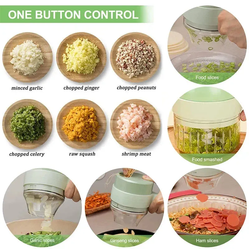 Compact 4-in-1 Electric Vegetable Cutter Set Handheld Garlic Mud Masher Chopper for Chili Onion Ginger Meat Mini Food Processor