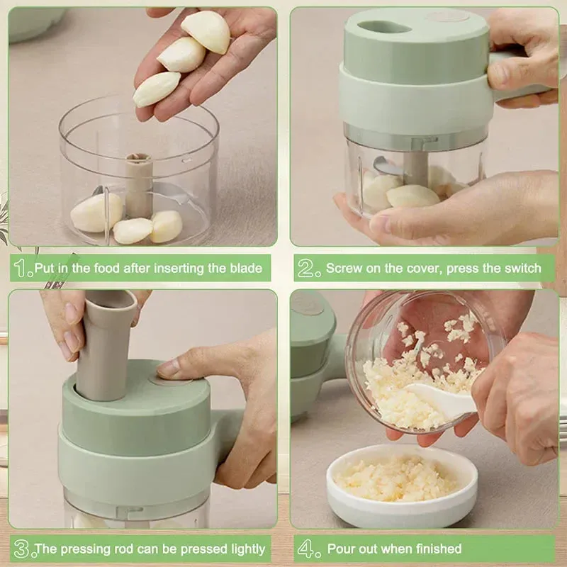 Compact 4-in-1 Electric Vegetable Cutter Set Handheld Garlic Mud Masher Chopper for Chili Onion Ginger Meat Mini Food Processor
