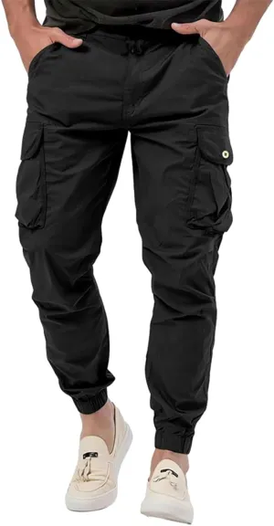 Men's Stretch Cargo Pants Outdoor Hiking Tapered Pants Solid Color Slim Fit Trousers Lightweight Baggy Work Trousers