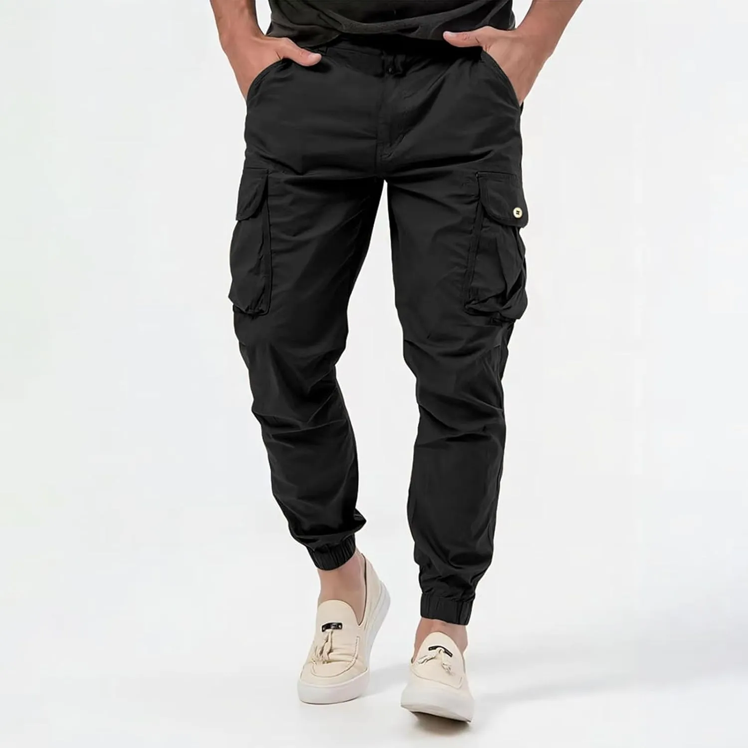 Men's Stretch Cargo Pants Outdoor Hiking Tapered Pants Solid Color Slim Fit Trousers Lightweight Baggy Work Trousers