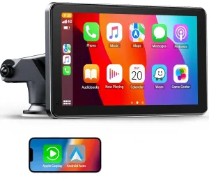 Portable 7 Inch Wireless Apple Carplay & Android Auto, 1080P HD Touchscreen GPS Navigation