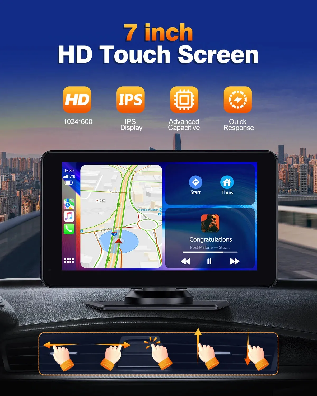 Portable 7 Inch Wireless Apple Carplay & Android Auto, 1080P HD Touchscreen GPS Navigation