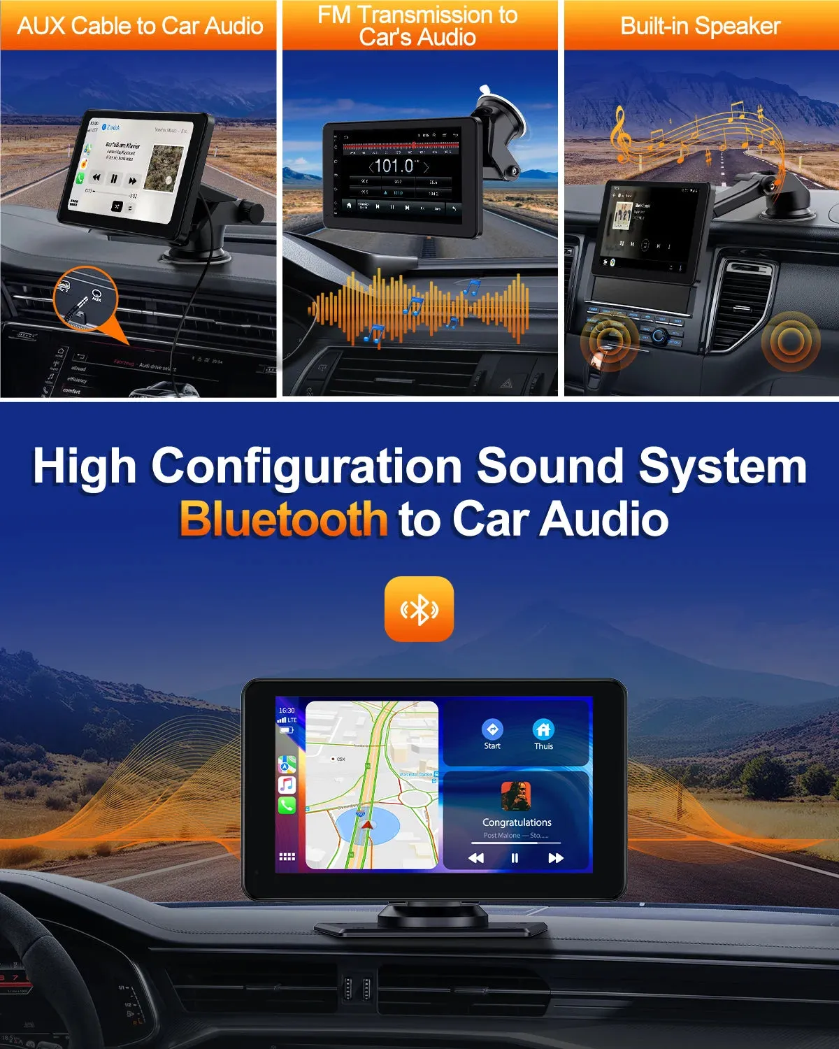 Portable 7 Inch Wireless Apple Carplay & Android Auto, 1080P HD Touchscreen GPS Navigation