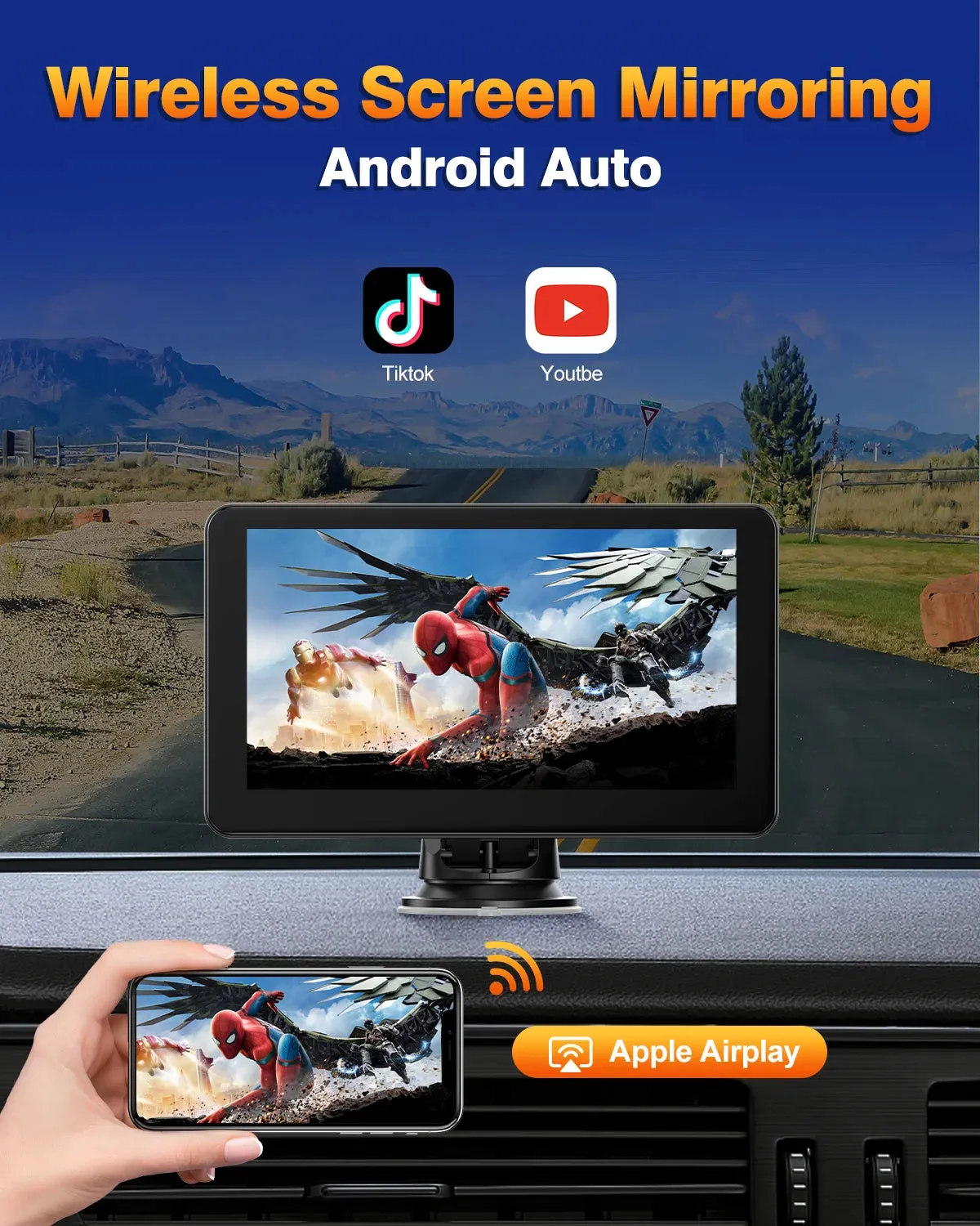 Portable 7 Inch Wireless Apple Carplay & Android Auto, 1080P HD Touchscreen GPS Navigation