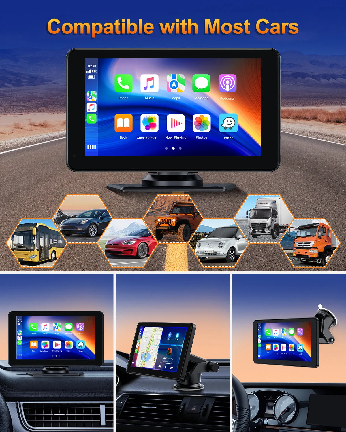 Portable 7 Inch Wireless Apple Carplay & Android Auto, 1080P HD Touchscreen GPS Navigation