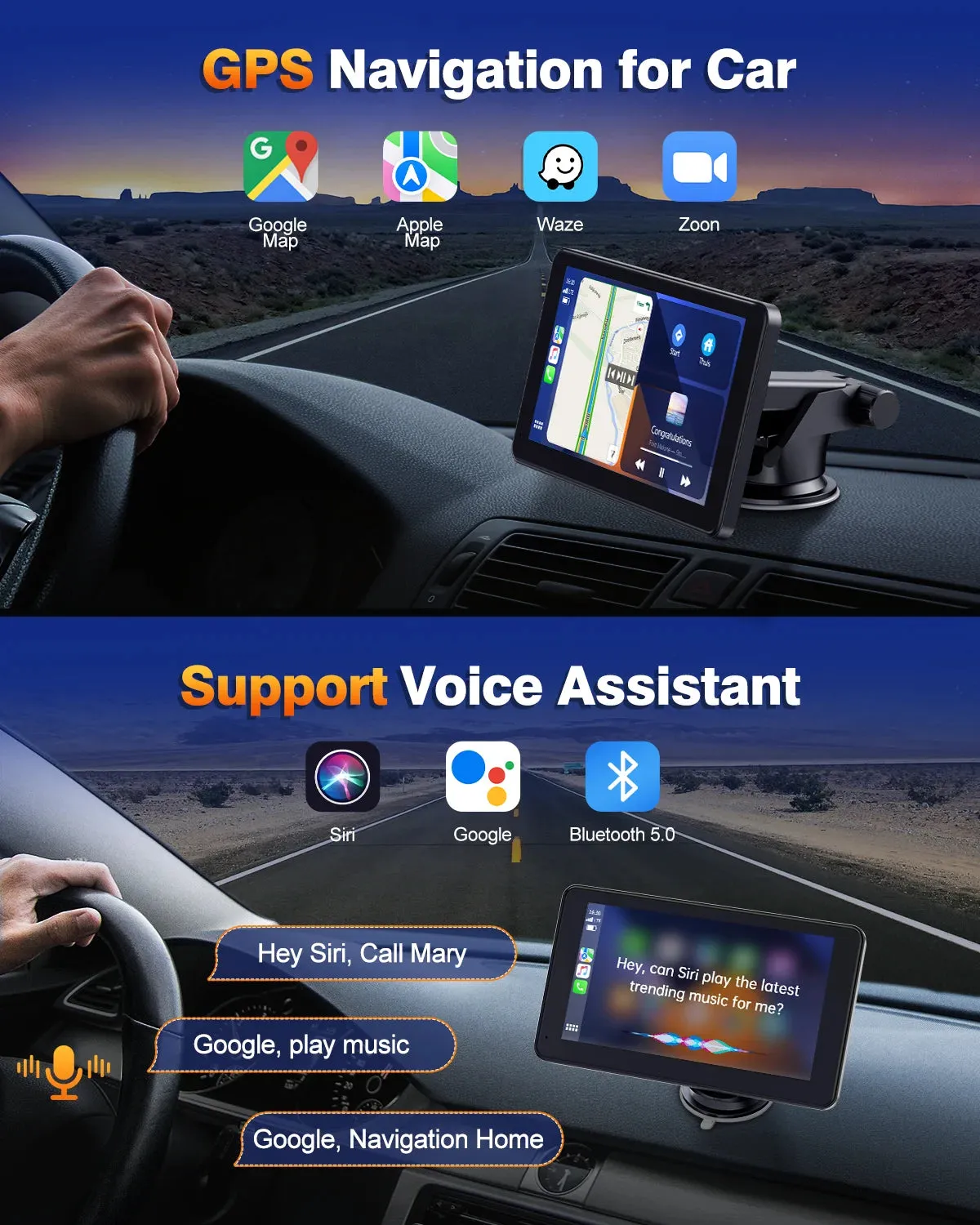 Portable 7 Inch Wireless Apple Carplay & Android Auto, 1080P HD Touchscreen GPS Navigation