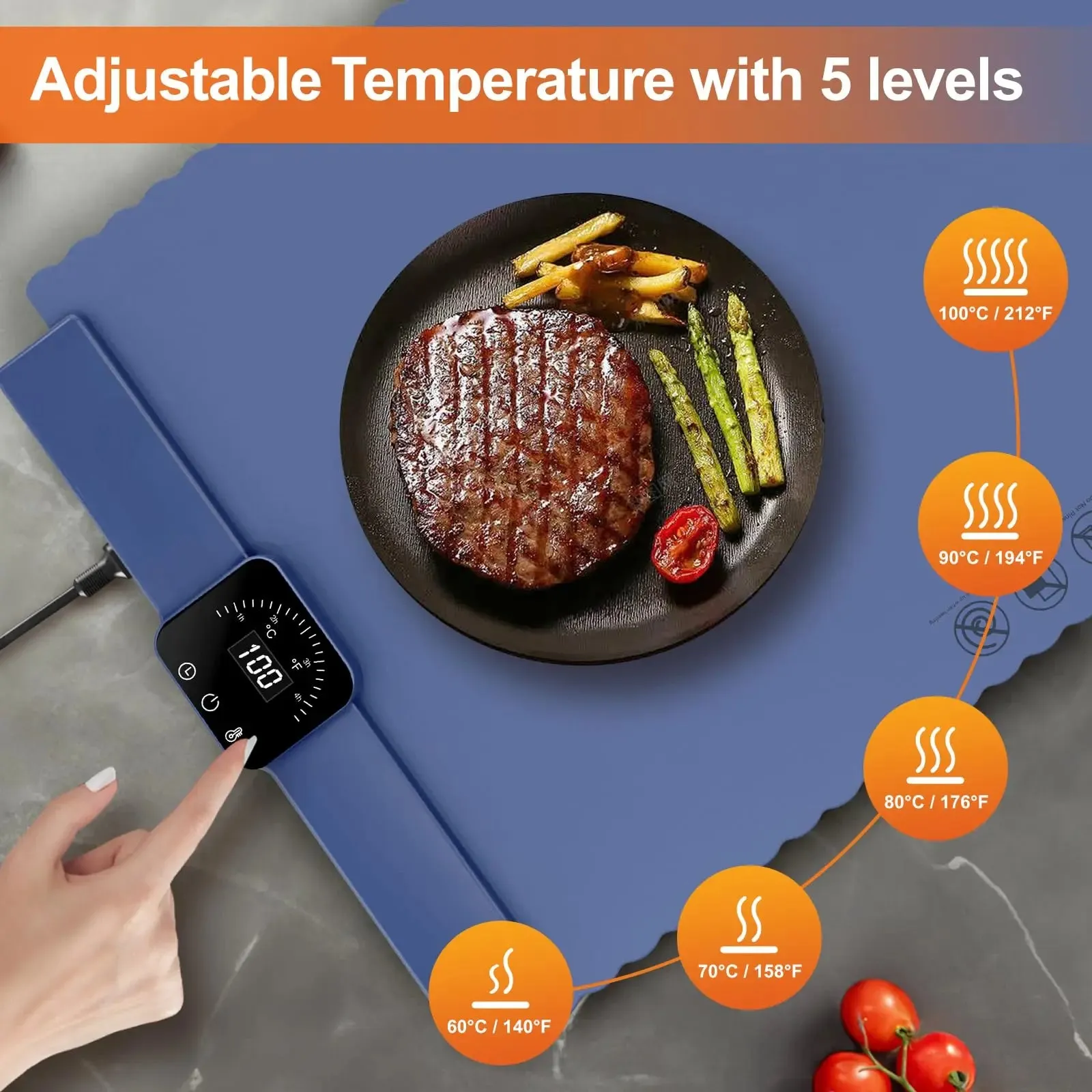 Portable Food Warming Mat with Auto-Off Timer and 5 Temperature Settings Quick Heating Pad for Cookware Parts