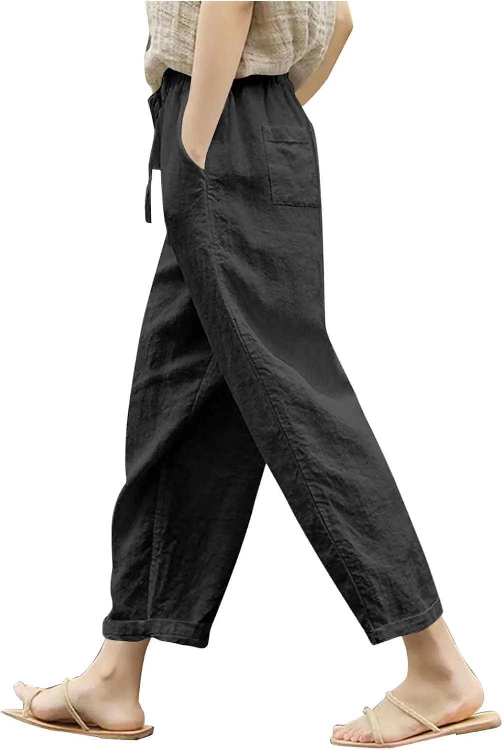 Women Linen Pants Capri Lightweight Spring Summer Pants for Beach Elastic Drawstring Wide Leg Trousers with Pockets