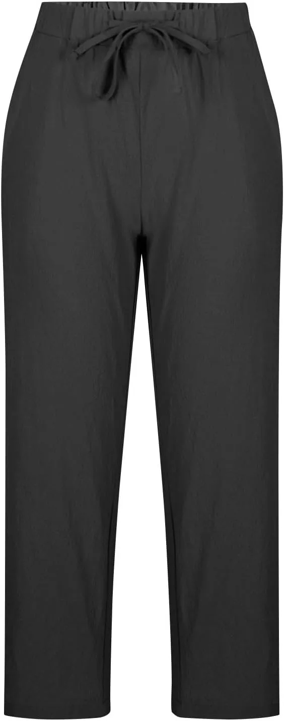 Women Linen Pants Capri Lightweight Spring Summer Pants for Beach Elastic Drawstring Wide Leg Trousers with Pockets