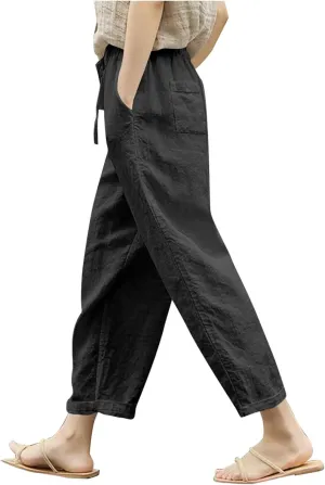 Women Linen Pants Capri Lightweight Spring Summer Pants for Beach Elastic Drawstring Wide Leg Trousers with Pockets