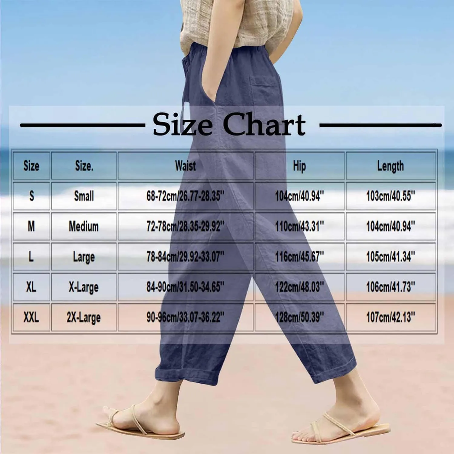 Women Linen Pants Capri Lightweight Spring Summer Pants for Beach Elastic Drawstring Wide Leg Trousers with Pockets