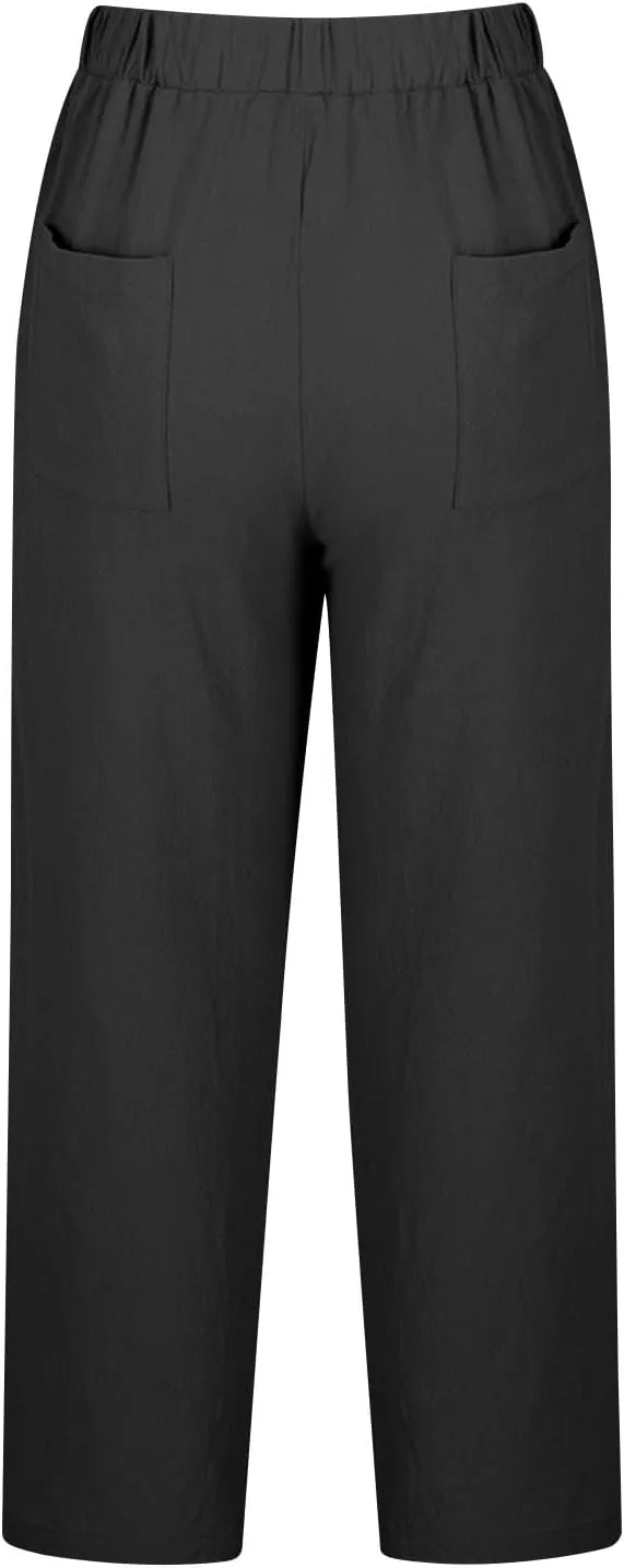 Women Linen Pants Capri Lightweight Spring Summer Pants for Beach Elastic Drawstring Wide Leg Trousers with Pockets