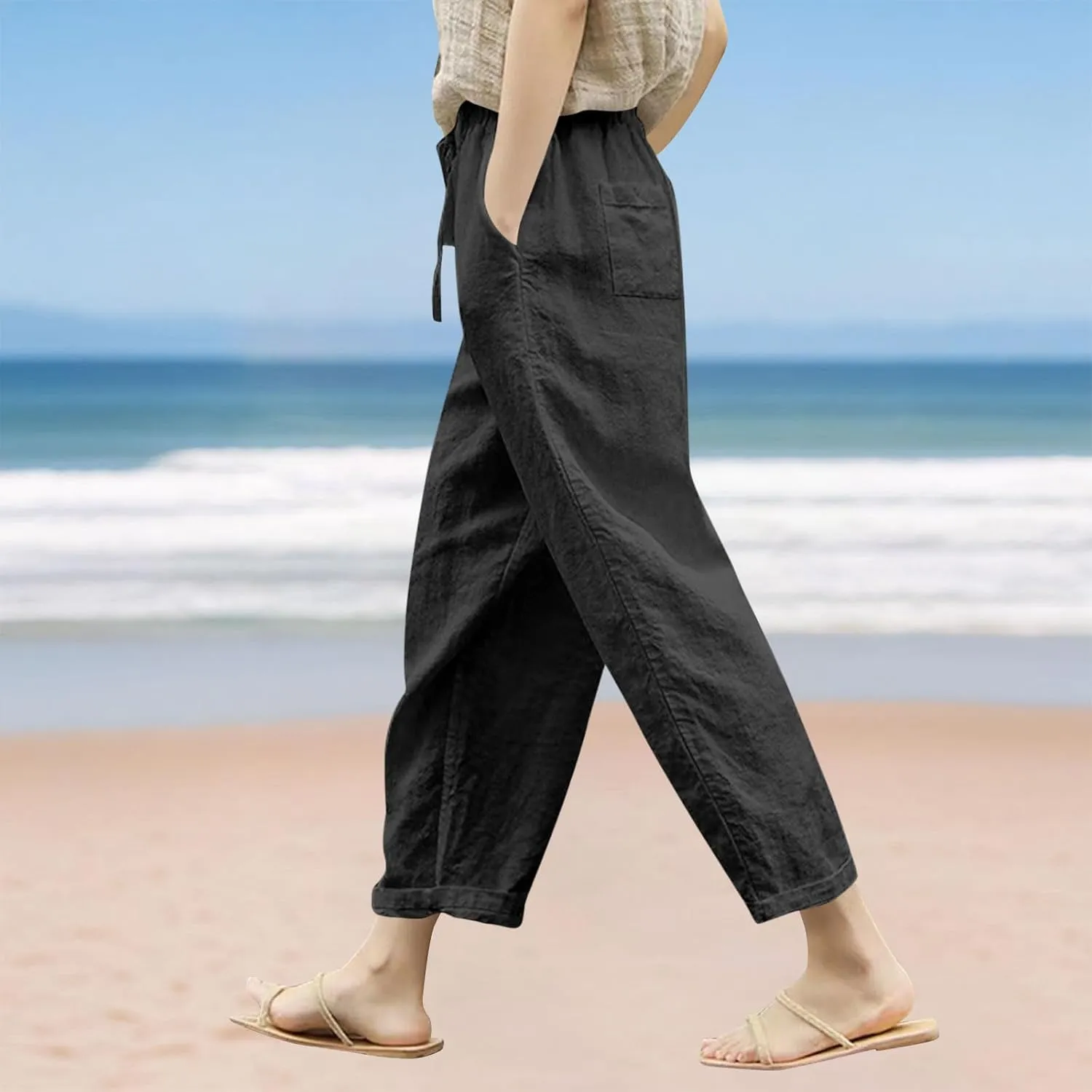 Women Linen Pants Capri Lightweight Spring Summer Pants for Beach Elastic Drawstring Wide Leg Trousers with Pockets