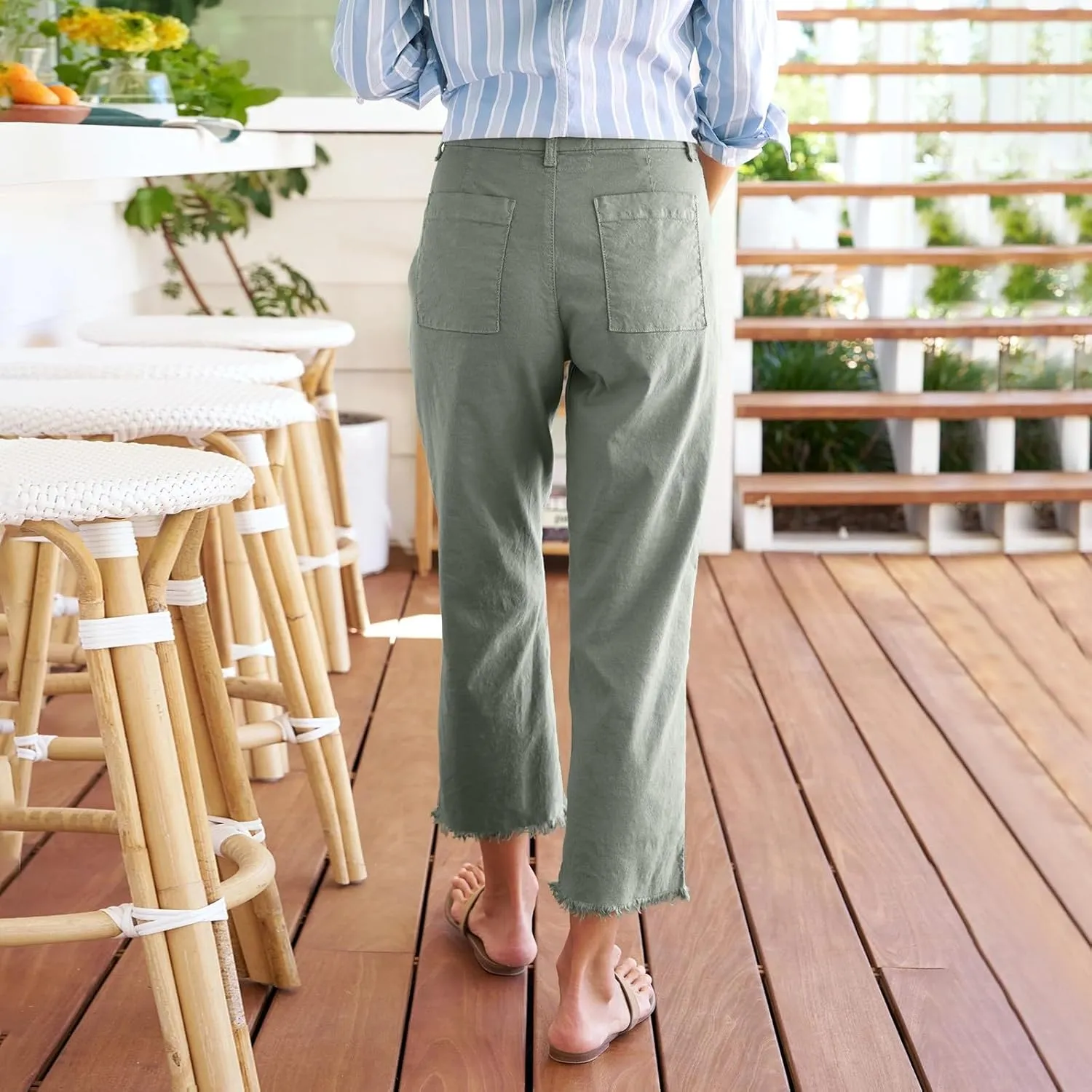 Women Linen Pants Tall Button Petite Short Cargo Capri Pants for Women Stretch Loose Summer Womens Capris Cotton
