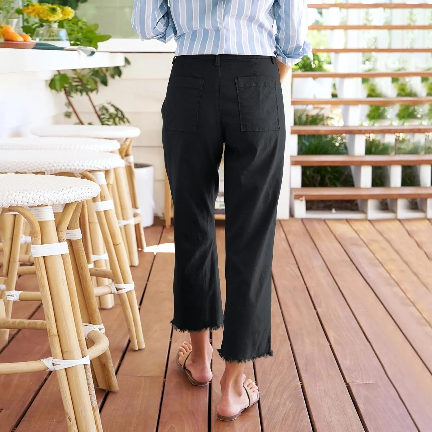 Women Linen Pants Tall Button Petite Short Cargo Capri Pants for Women Stretch Loose Summer Womens Capris Cotton