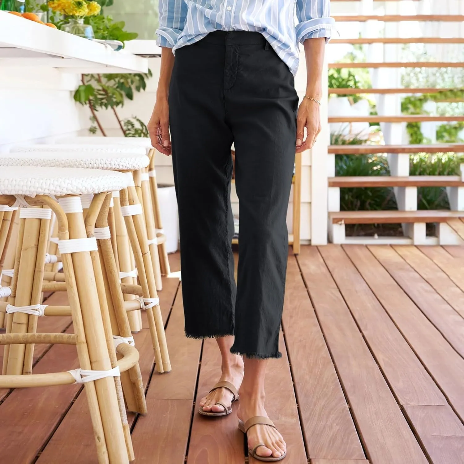 Women Linen Pants Tall Button Petite Short Cargo Capri Pants for Women Stretch Loose Summer Womens Capris Cotton