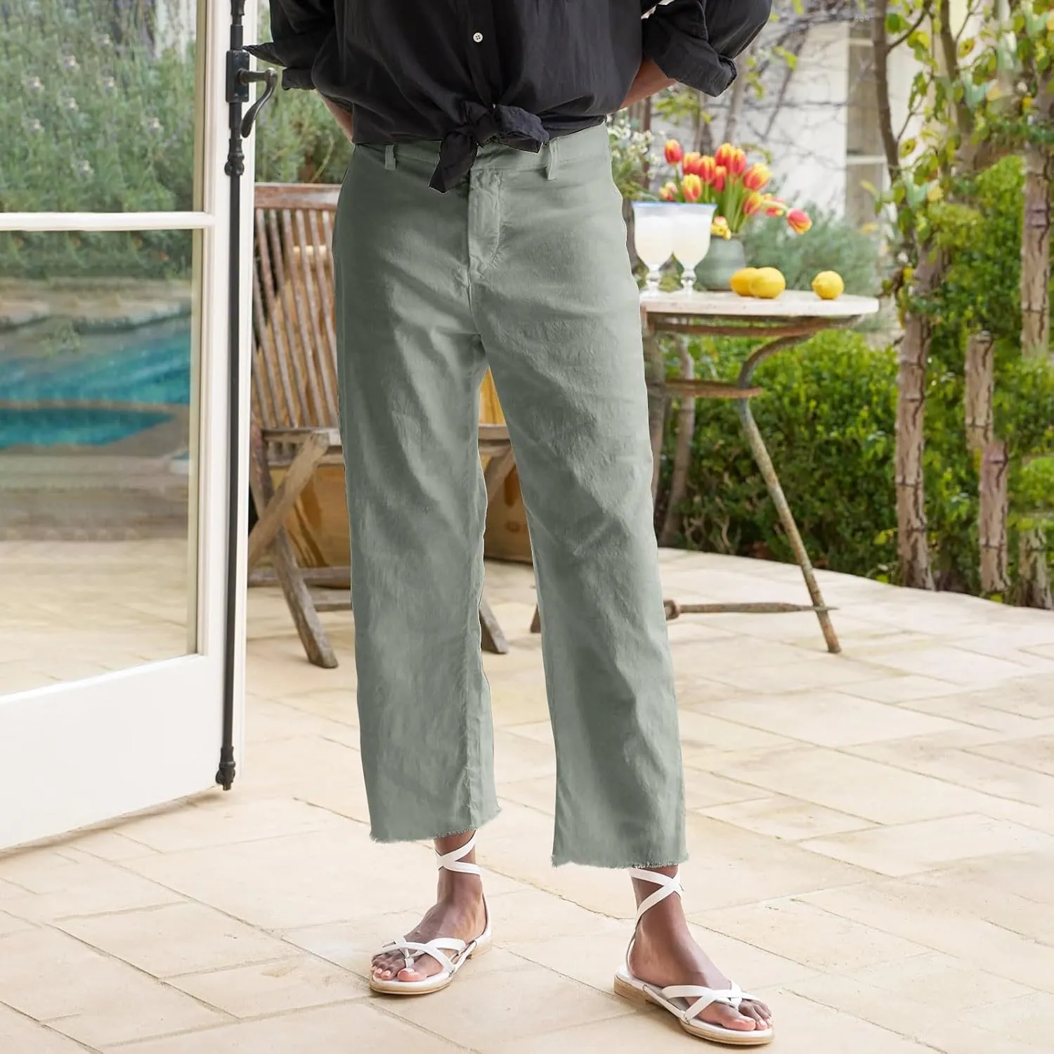 Women Linen Pants Tall Button Petite Short Cargo Capri Pants for Women Stretch Loose Summer Womens Capris Cotton
