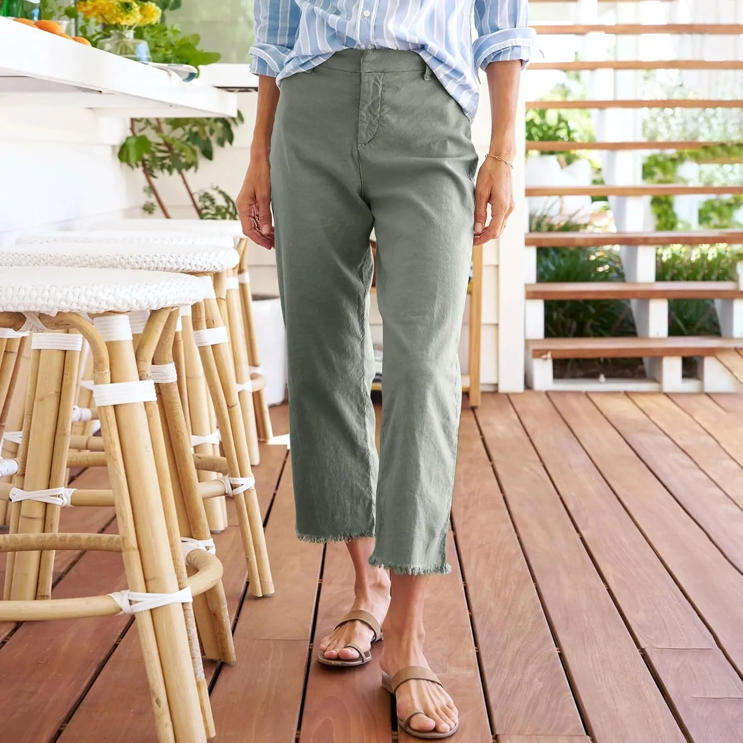 Women Linen Pants Tall Button Petite Short Cargo Capri Pants for Women Stretch Loose Summer Womens Capris Cotton