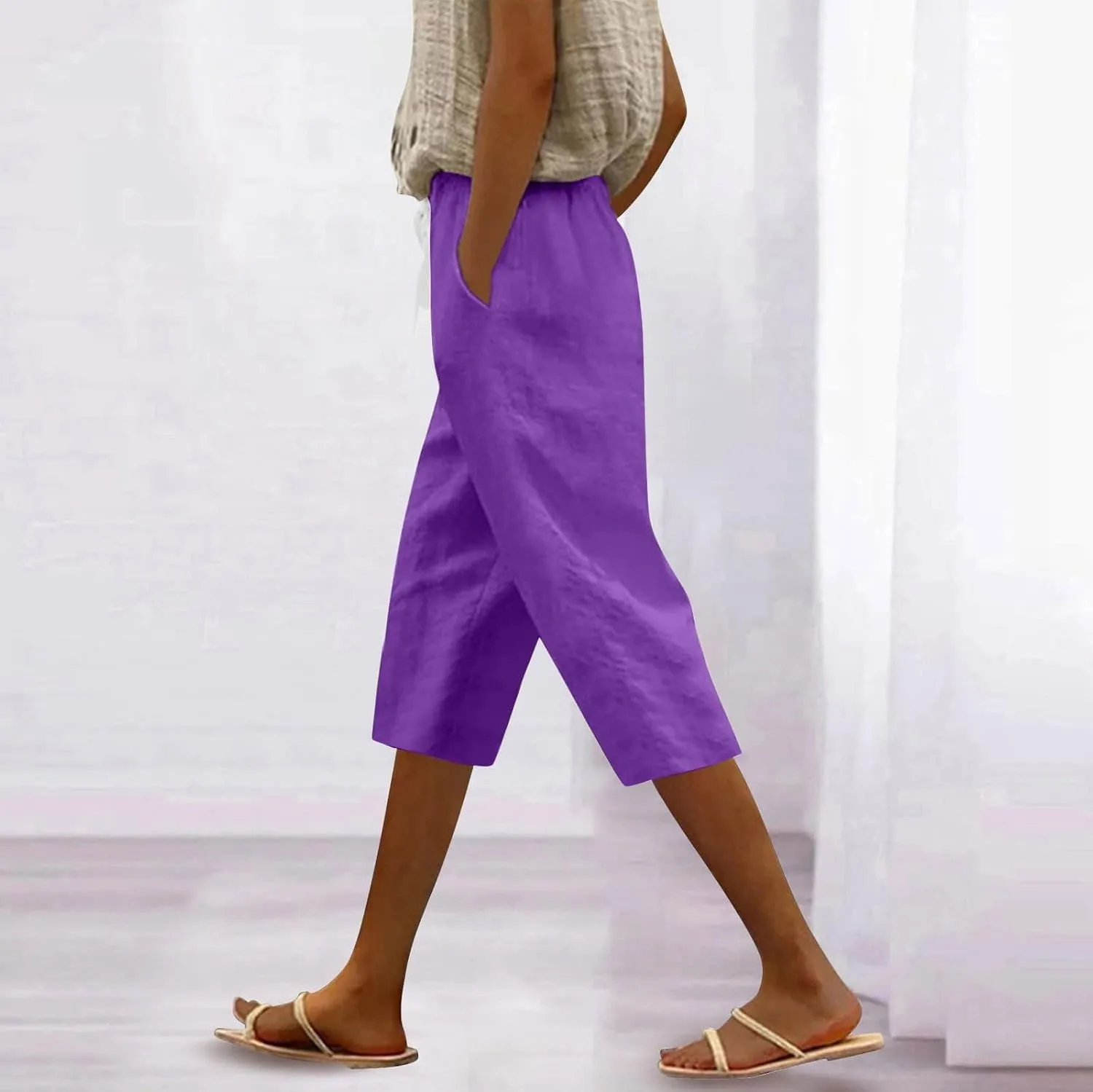 Womens Pants Casual Drawstring Summer Cargo Capri Pants for Women Stretch Petite Short Linen Cotton Capris Loose