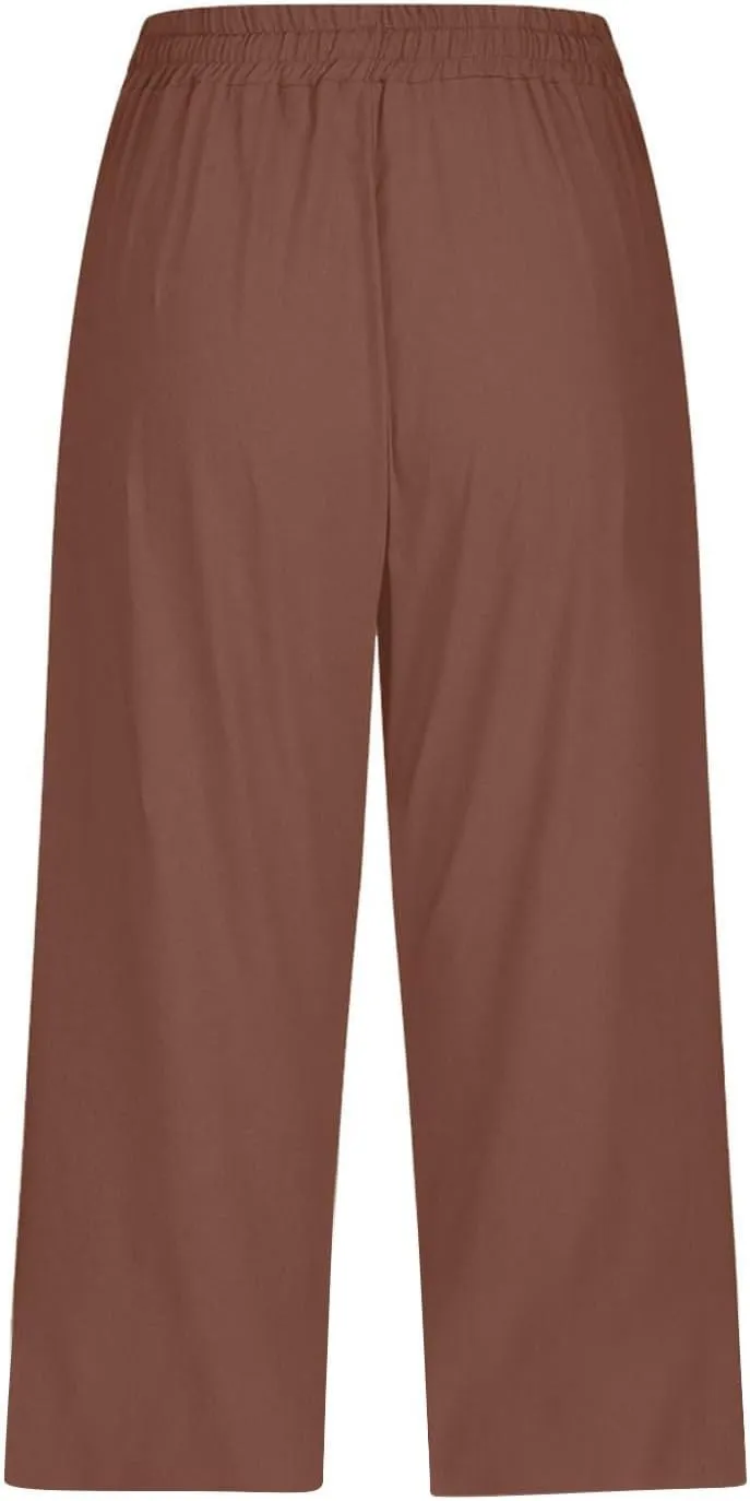 Womens Pants Casual Drawstring Summer Cargo Capri Pants for Women Stretch Petite Short Linen Cotton Capris Loose