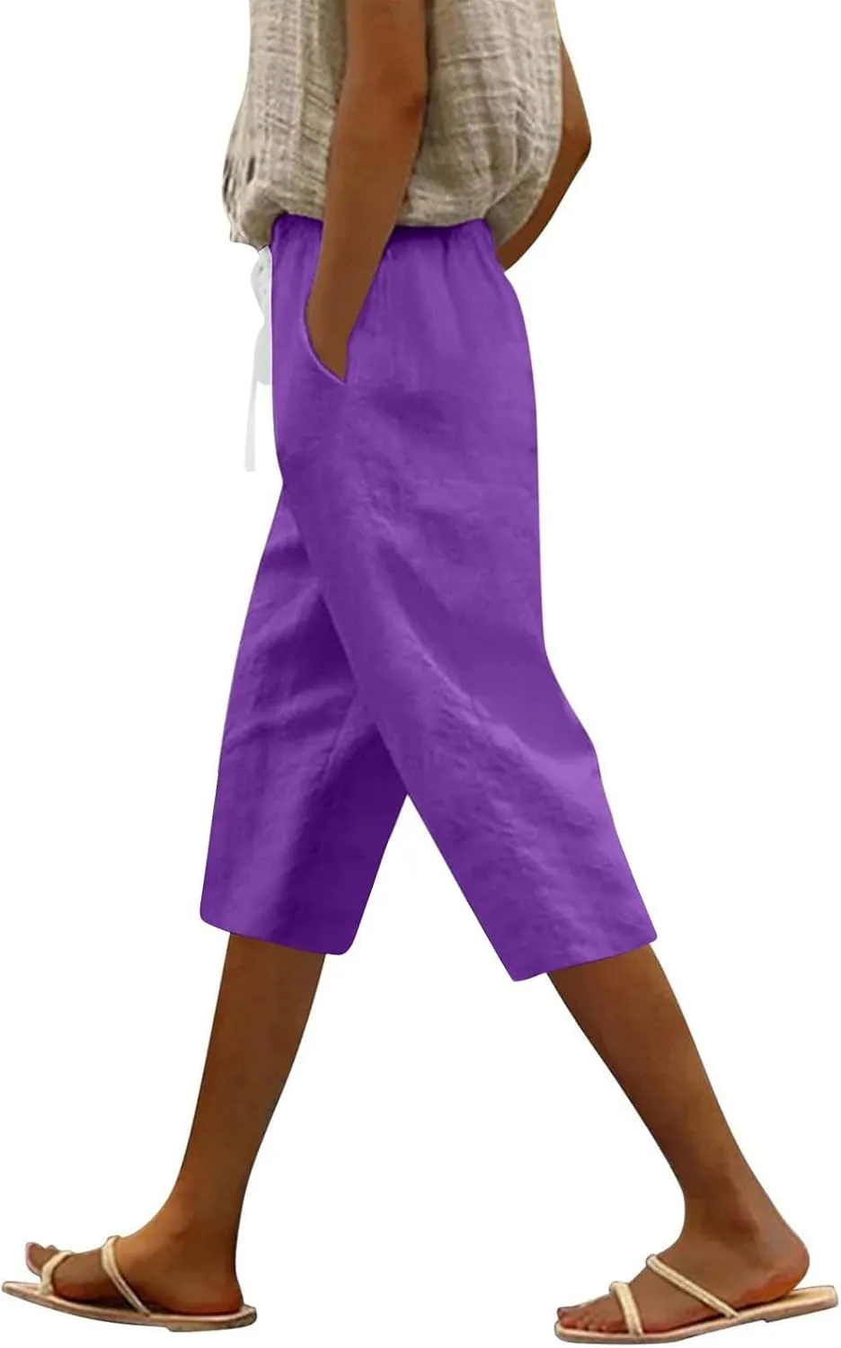 Womens Pants Casual Drawstring Summer Cargo Capri Pants for Women Stretch Petite Short Linen Cotton Capris Loose