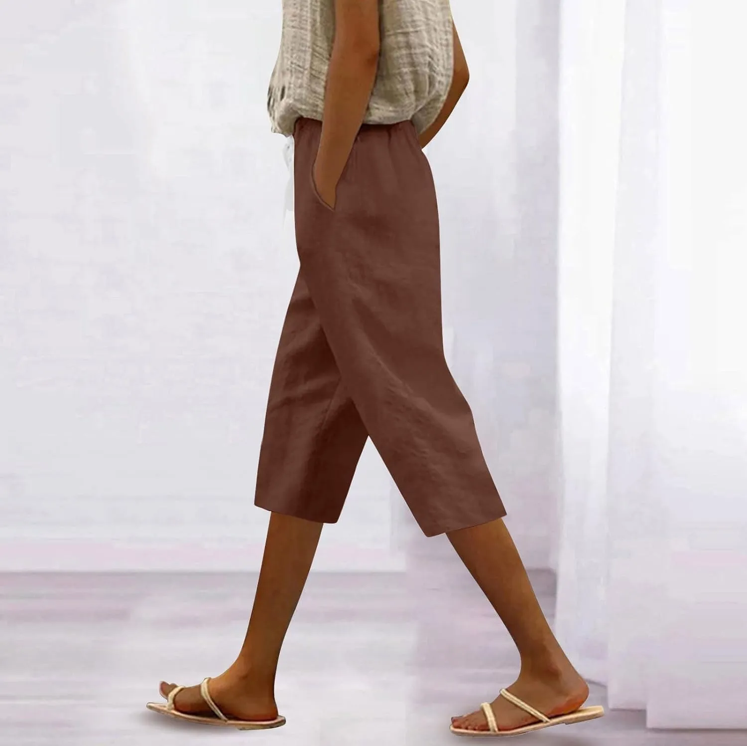 Womens Pants Casual Drawstring Summer Cargo Capri Pants for Women Stretch Petite Short Linen Cotton Capris Loose