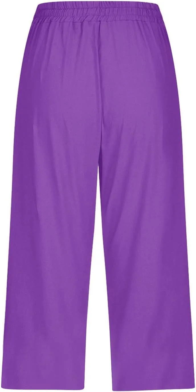 Womens Pants Casual Drawstring Summer Cargo Capri Pants for Women Stretch Petite Short Linen Cotton Capris Loose