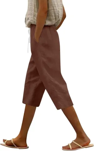 Womens Pants Casual Drawstring Summer Cargo Capri Pants for Women Stretch Petite Short Linen Cotton Capris Loose Womens Pants Casual Drawstring Summer Cargo Capri Pants for Women Stretch Petite Short Linen Cotton Capris Loose