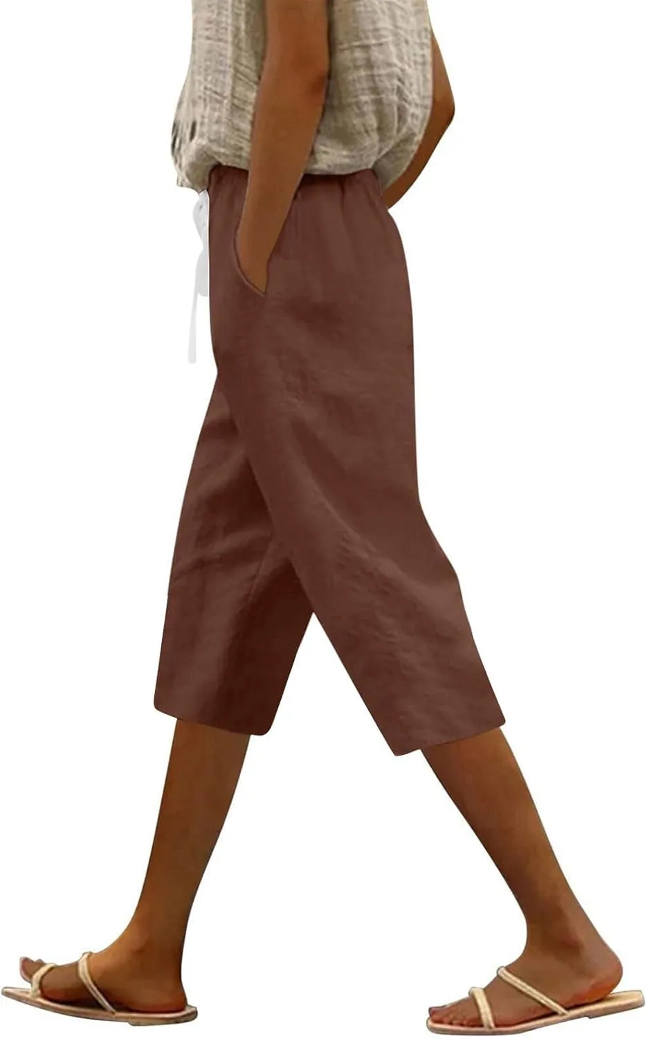 Womens Pants Casual Drawstring Summer Cargo Capri Pants for Women Stretch Petite Short Linen Cotton Capris Loose